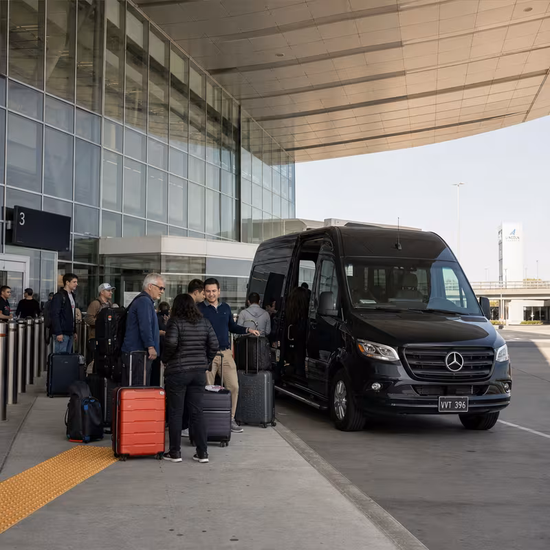 Group boarding a white charter bus for Airport Transportation transportation in Lincoln