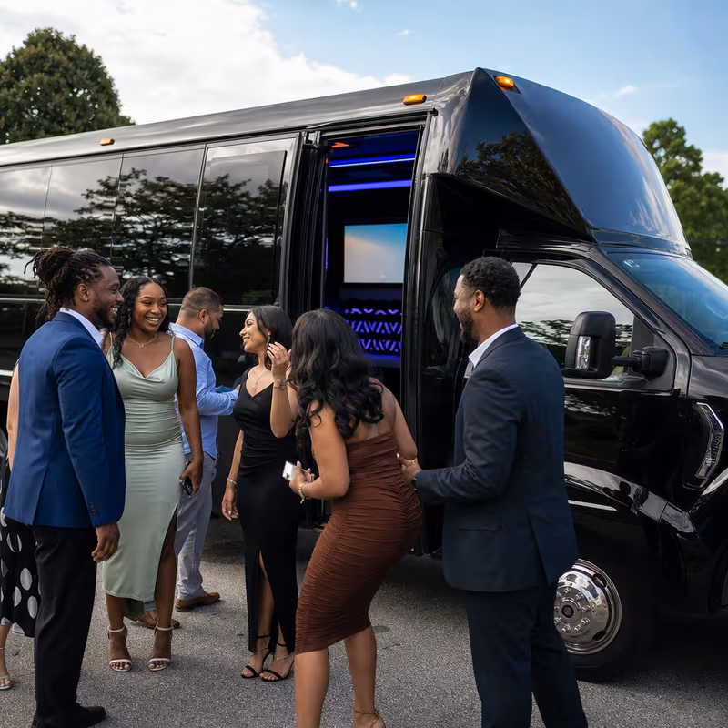 Passengers loading luggage while boarding an Lincoln group shuttle
