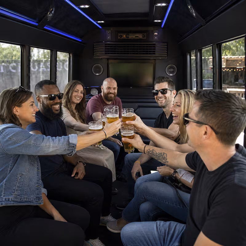 Black Mercedes Sprinter van staged for an Lincoln Winery & Brewery Tour Transportation group